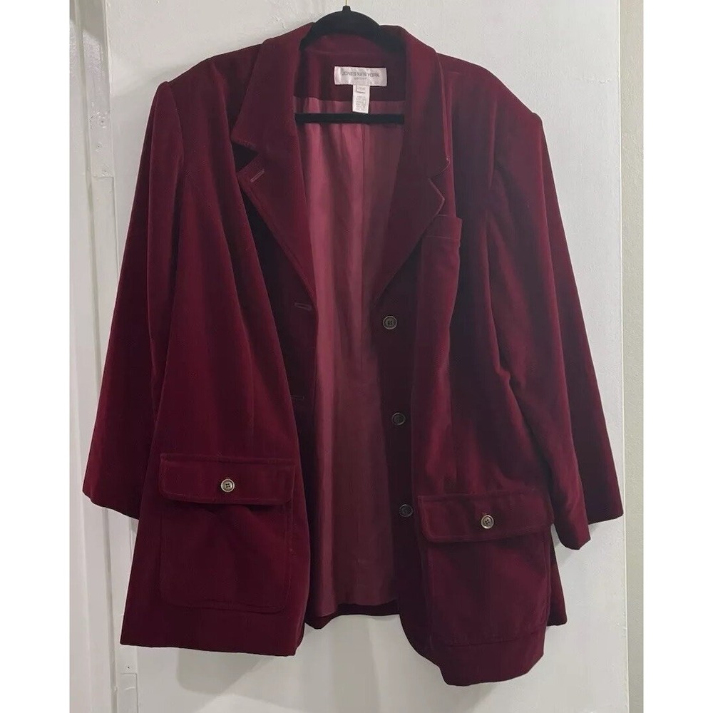 Jones New York Womens 20W Burgundy Velvet Blazer Plus Size 3 Button Career